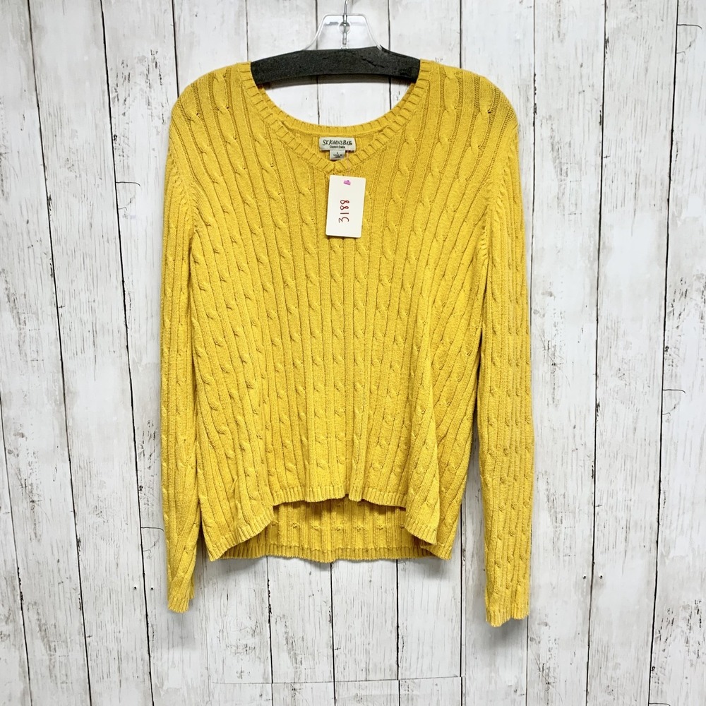 St. John's Bay Sweater Women Large Yellow Classic Cable Knit V-Neck Long Sleeve